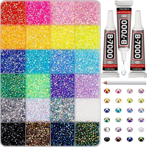 1 31000Pcs Rhinestones for Bedazzling, 3mm Bedazzler Kit with Flatback Rhinestones for Clothes Crafting Crafts Nails Clothing, Flat Back Resin Rainbow Colorful Colored Crystal with B 7000 Glue Clear