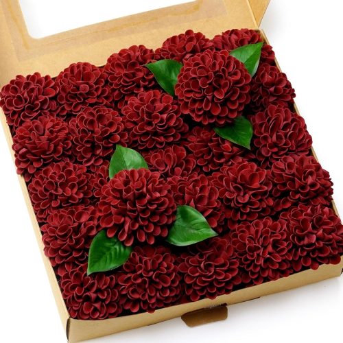 1 Artificial Wedding Dahlia Flowers 25 pcs Fake Roses w/Stem for DIY Wedding Decor Centerpieces Arrangements Bouquets (Burgundy)