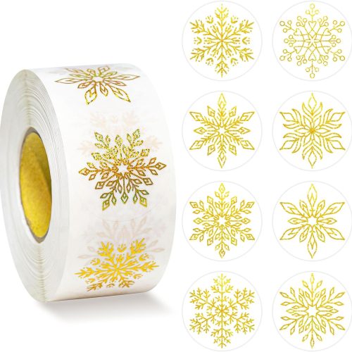 1 1000Pcs Gold Foil Snowflake Stickers Roll Clear Holographic Christmas Label Round Self Adhesive for Xmas Winter Envelopes Present Decor 8 Styles