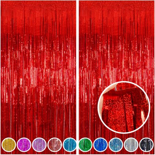 1 Melsan Red Tinsel Foil Fringe Curtains Backdrop, 3.2 ft x 8 ft Sparkle Tinsel Backdrop Streamers for Christmas Valentines Patriotic Birthday Party Decorations, 2 Packs