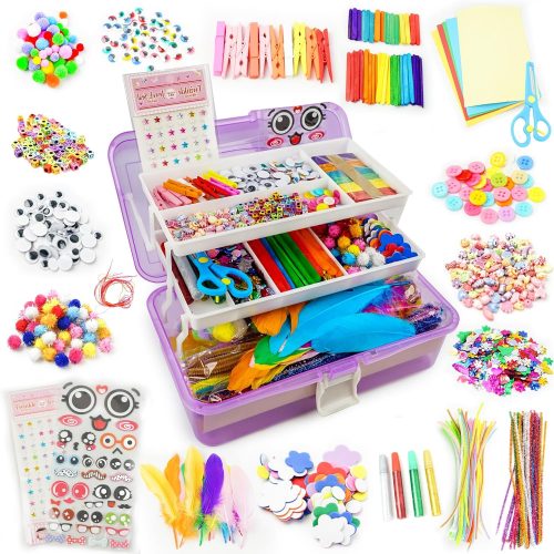1 Arts Craft Supplies for Kids - 1000+ PCS Toddler DIY Craft Art Supply Set, Portable 3 Layered Folding Storage Box School Craft Projects - Gifts for Girls Crafts for Girls Ages 4-8 8-12