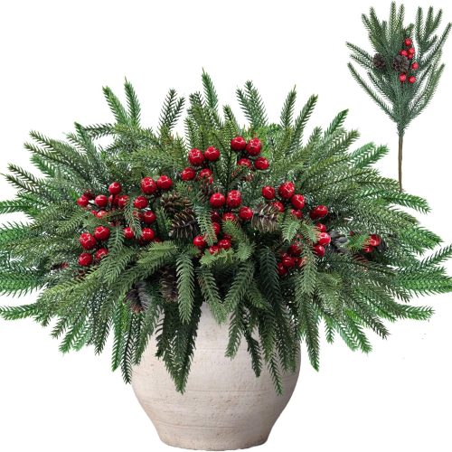 1 6 Bundles 24 Pcs Christmas Norfolk Pine Branches with Pine Cones and Red Berry Stems, Artificial Norfolk Pine Stems Faux Christmas Greenery Picks for Vase DIY Crafts Xmas Home Indoor Decor