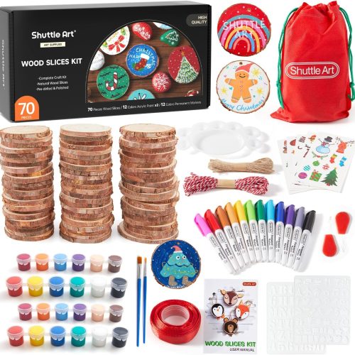 1 Shuttle Art Natural Wood Slices 70 PCS 2.8-3.1 Inches Craft Wood Ornament Kit, Unfinished Predrilled Wooden Circles with Hole, Jute Twine, Acrylic Paint, Markers for DIY Decoration