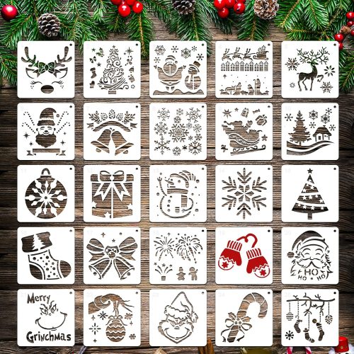 1 25 Pcs Christmas Stencils Reusable, 6x6 inch Christmas Stencils for Painting on Wood, Plastic Drawing Spraying Templates for Greeting Cards, Xmas Crafts Ornaments Wall Window Door DIY Decoration