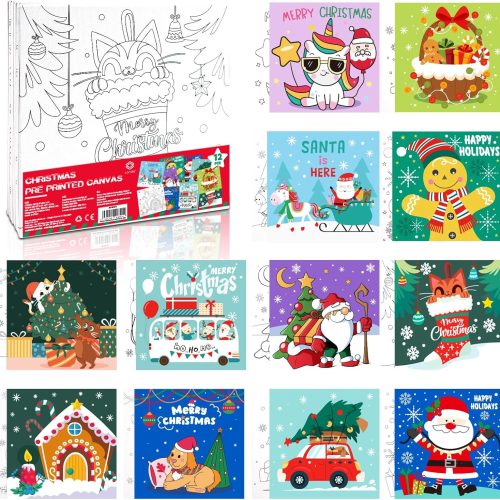 1 Pre Printed Canvas for Painting 12 Pcs 6 x 6 Inch, Pre Drawn Canvas Boards with Christmas Pictures to Paint, Theme Canvas Panels Set for Beginners Students, DIY Paint Art Supplies