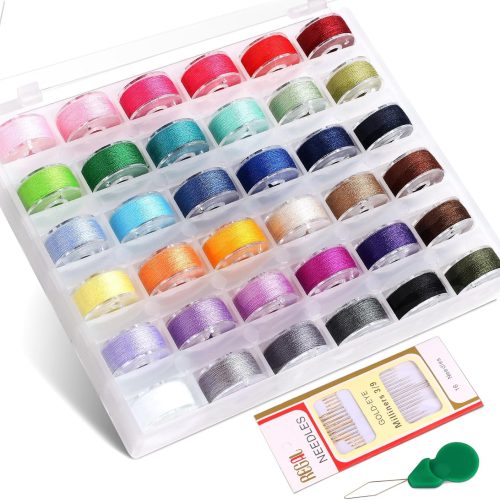 1 36Pcs Bobbins and Sewing Threads Prewound Bobbins with Case, Needle and Threader for Babylock Singer Janome Brother Multiple Sewing Machine, Standard Size and Assorted Colors