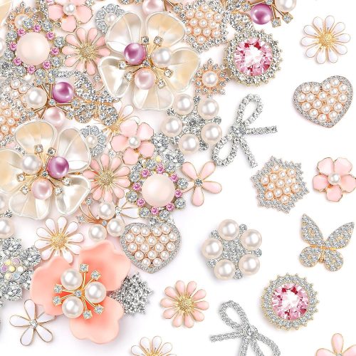 1 48 Pcs Rhinestone Buttons for Crafts Clothes Faux Pearl Embellishments Pink Butterfly Rhinestone Flower Buttons Vintage Women Pearl Brooch for Jewelry Making, DIY, Bags Shoes Supplies