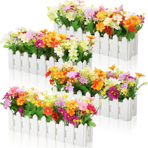 4 Sets Artificial Flower Plants in Pots Fake Daisies in Picket Fence for Outdoors Indoor Spring Summer Decorations for Christmas Office Home Window Wedding Decoration(Multicolor)