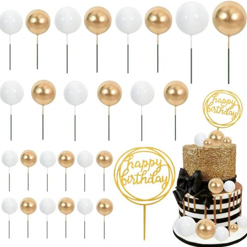 Cake Topper Gold 27 Pack Cupcake Topper with Mini Balls, Happy Birthday Acrylic Toppers Insert Pick DIY for Cake Decorations Anniversary Wedding Baby Shower Party (Gold/White)
