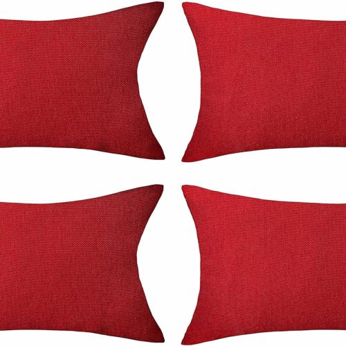 Brilliant Red Outdoor Pillows Christmas Waterproof Linen Pillow Covers Farmhouse Rectangle Lumbar Throw Pillow for Living Room Balcony Patio Couch, Pack of 4, 12 inch x 20 inch (30 x 50 cm)