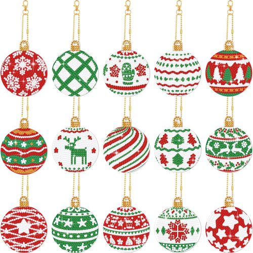 15 Pcs Christmas Diamond DIY Keychain 5D DIY Xmas Diamond Art Kit Hanging Decor Ornament Double Side Diamond Art Christmas Ornament for Art Christmas Craft(Classic)