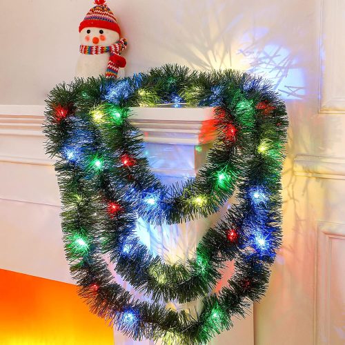 16.4 ft Christmas Tinsel Garland Lighted Metallic Twist Tree Decoration Prelit Battery Operated 50 LED Hanging Garland for Xmas New Year Home Outdoor Decor(Multicolor, Green)
