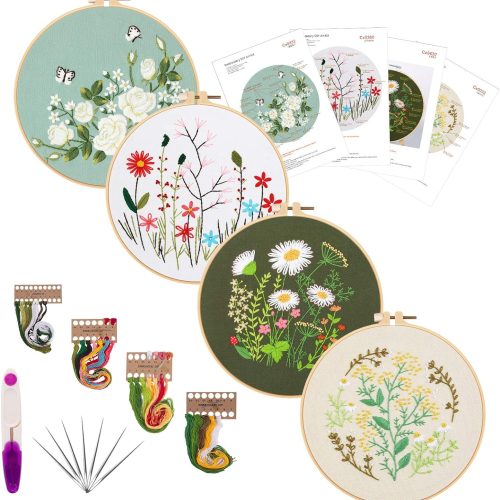 1 Picoey Embroidery Starters Kit with Pattern for Beginners, 4 Pack Cross Stitch Kits, 2 Wooden Embroidery Hoops,Scissors,Needles and Color Threads,Needlepoint Kit for Adults