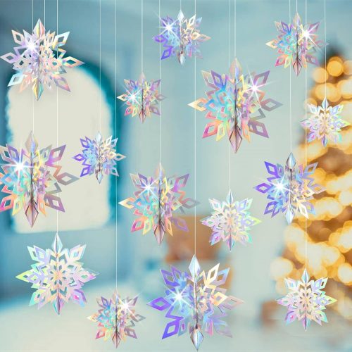 Christmas Hanging Snowflakes Decorations Clearance 15pcs 3D Iridescent Paper Snowflakes Snow Flakes Garland for Winter Wonderland Frozen Christmas Birthday Party Decorations