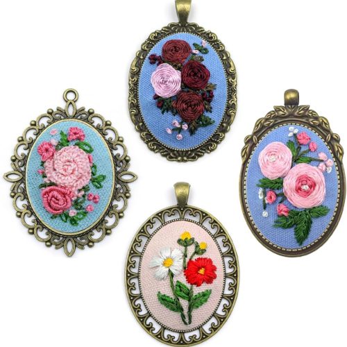 4 Pieces Silk Embroidery Pendant Kit for Beginner,Embroidery Stitching Necklace,Embroidery Kit for Necklace & Earrings & Hand Sewing Jewelry & Creative Gifts (SILK4PCS-1)