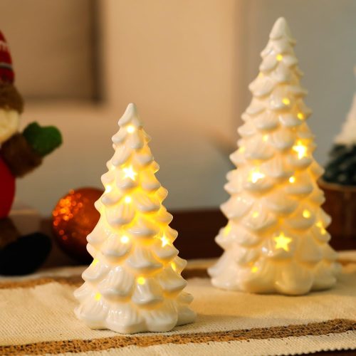 1 2 PCS White Small Christmas Tree with Lights, Mini Christmas Tree for Christmas Décor, Tabletop Xmas Tree Figurines, Christmas Decorations(Ceramic)