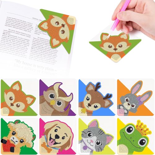 1 8 Pcs Diamond Art Bookmarks, Rhinestone Crystal Corner Bookmarks for Book Lovers, Triangle Embroidery Painting Arts Crafts Book Mark for Kids (Animal)