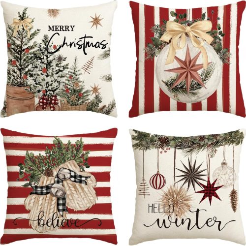 1 Merry Christmas Balls Eucalyptus Holly Berries Gloves Throw Pillow Covers, 18 x 18 Inch Xmas Winter Holiday Red Stripes Cushion Case Decoration for Sofa Couch Set of 4