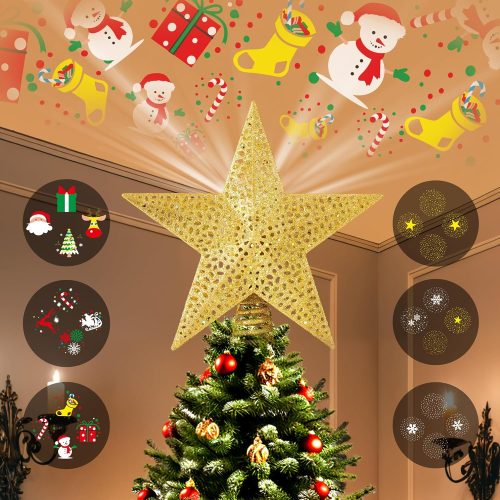 1 Christmas Tree Star Topper with 6 Switchable Projection Patterns, 360°Rotating Holographic LED Snowflake Projector, 3D Glitter Tree Topper for Christmas Tree Decorations