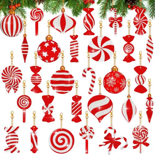 1 30 Pcs Christmas Candy Diamond Painting Keychain Red and White Candy Diamond Art Pendant Christmas Ornaments Hanging 5d DIY Keychains for Xmas Crafts Adults Beginner Decor