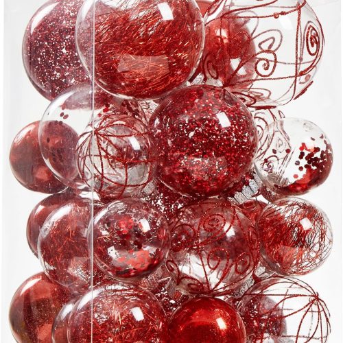 1 Christmas Ball Ornaments Shatterproof Clear Large Plastic Hanging Ball Decorative Baubles Set with Stuffed Delicate Decorations (Multi-Size, Red)
