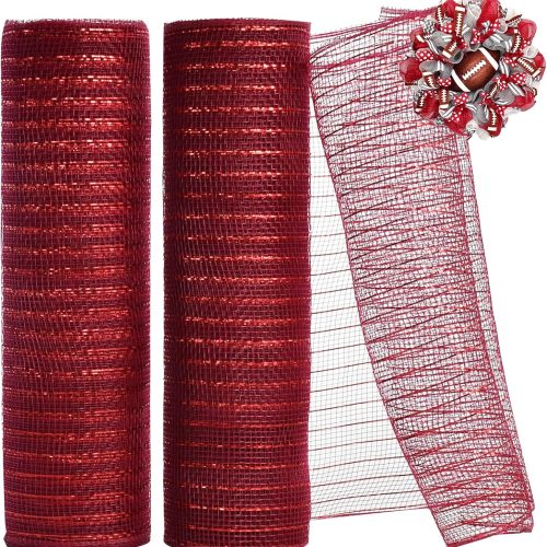 1 2 Rolls 10 Inch Claret Decorative Mesh Ribbbon Rolls, Fabric Mesh with Foil for Wreath Supplies, Front Door Wreath Crafts Tree Decor Christmas NewYears Halloween Decoration (10 yds/roll)