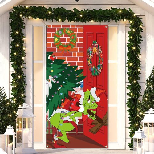 1 Christmas Door Cover Xmas Winter Holiday Party Decoration Front Porch Sign Backdrop Banner for Home Indoor Outdoor Decor