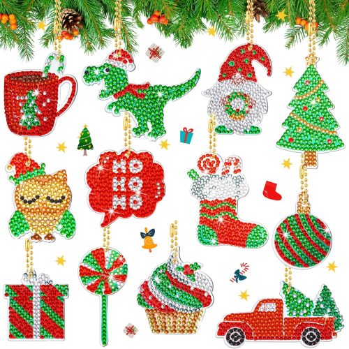 1 12 Pieces Christmas Diamond Painting Keychain Kit - 5D DIY Art Hanging Ornaments for Kids Crafts Family Decor (Cute Style)