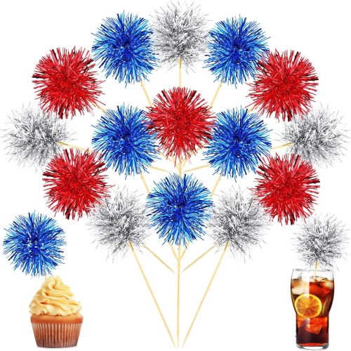 1 100 Pcs Foil Firework Cupcake Toppers Sparkle Tinsel Cake Toppers Cake Decoration Cocktail Fruit Toothpick for Birthday Wedding Graduation Party(Silver, Red, Blue)