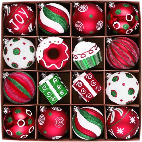 1 Christmas Tree Ornaments Set, 16ct Candy Cane Red Green White Shatterproof Christmas Tree Decorations Bulk, 2.36 Inch Decorative Hanging Ball Ornament for Xmas Trees Holiday Decor