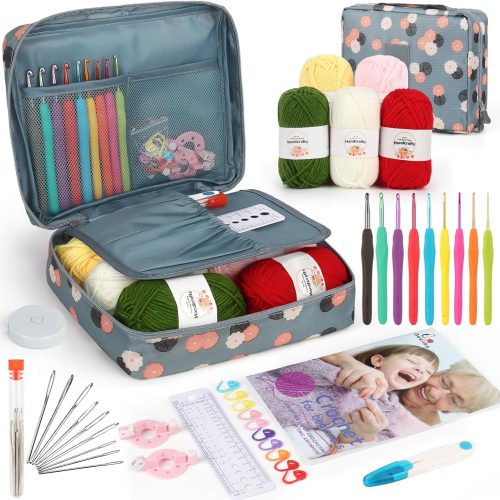 1 Crochet Kit for Beginners with Yarn and Introduction Book, Crochet Starter Kit Everything for Ages 8-12, Learn to Crochet Kit with Ergonomic Soft Grip Crochet Hooks and Blue Flower Bag