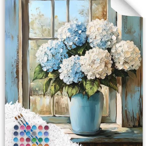 1 Blue Hydrangea Paint by Number, Blue Floral Paint by Numbers Kit for Adults, Hydrangeas Wall Art, Rustic Window Flowers Acrylic Painting for Gift, Flower Poster Home Wall Decor(16x20inch, No Frame)