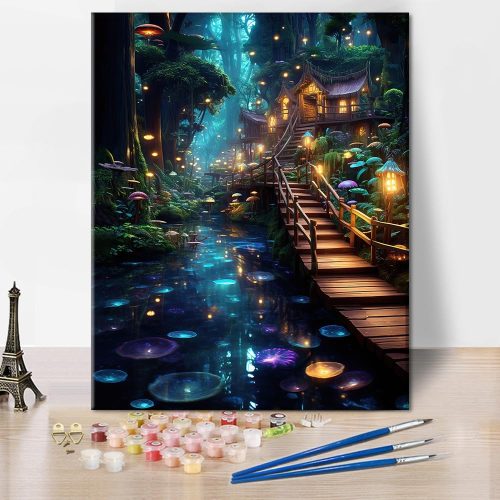1 DIY Paint by Numbers Kit for Adults Fantasy, Oil Hand Painting Mushrooms, Adults' Paint-by-Number Kits Forest, Acrylic Paint by Numbers Kits on Canvas Art Crafts 16"x20"(Frameless)