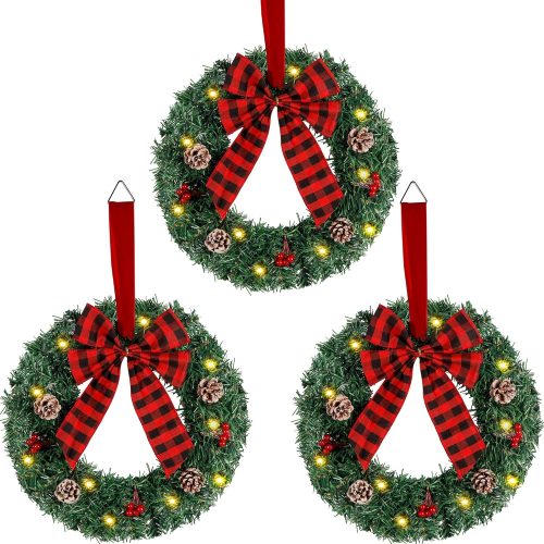 1 3 Pack Mini Christmas Wreath, Lighted Christmas Front Door Wreath, Xmas Wreath for Holiday Christmas Party Decorations (Plaid Bow)