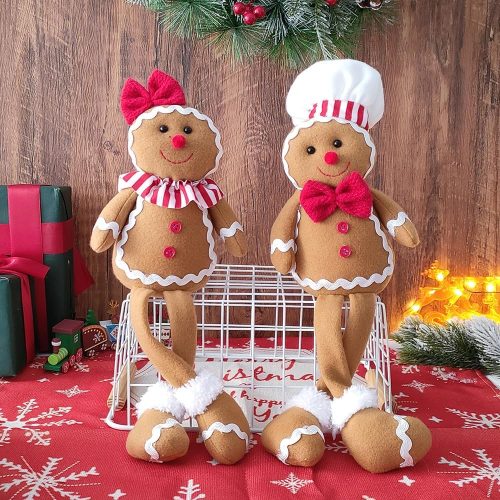 1 15Inch Large Size Christmas Plush Gingerbread Man Boy Girl Figures with Chef Hat Bowknot Christmas Ornament Home Decorations Doll Soft Door Window Table Tree Holiday Xmas Season Decor