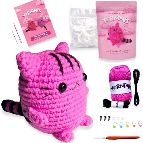 1 DIY Pink Kitten Crochet Kit – Beginner-Friendly with Step-by-Step Video Tutorials, Soft Yarn & All Supplies – Fun Gift for Teens & Adults