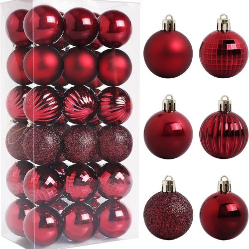 1 36 Pcs-1.57" Christmas Ball Ornaments, Shatterproof Hanging Balls, Tree Decorations for Xmas Tree, Wreath Decor, Holiday Party, Burgundy