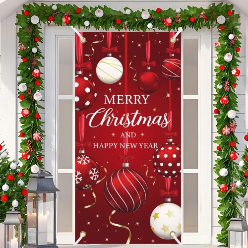 1 Christmas Door Cover Merry Christmas Fabric Front Door Banner Xmas Ball Backdrop Doors Decoration for New Year Holiday Indoor Outdoor Decorations, 70.9 x 35.4 Inch