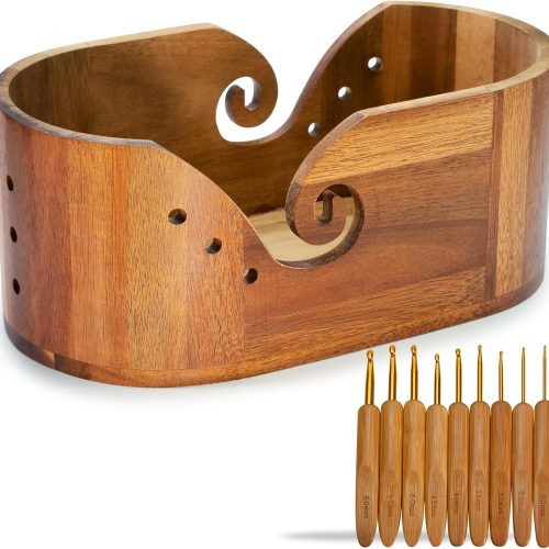 1 Yarn Bowl - Large Size Wooden Yarn Holder, Smooth Crochet Bowl with 9pcs Knitting Hooks Yarn Bowls for Crocheting Yarn Storage