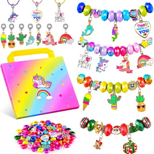 1 Girls Charm Bracelet Making Kit - Kids Unicorn Jewelry Supplies Make Set DIY Art Craft Set Birthday Gifts for 3 4 5 6 7 8 Year Old Girl Toys Age 6-8