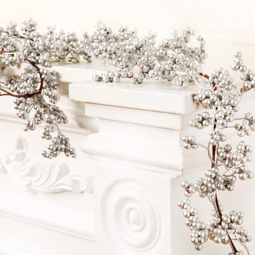 1 Christmas Berry String Garland with Lights Thanksgiving Artificial Lighted Garland for Xmas Winter Tree Decor Home Office Fireplace Mantel Decoration Holiday Valentines, 6 ft(Silver,1 Pc)