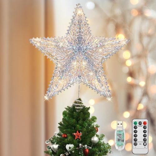1 Luxspire Christmas Tree Star Topper, LED Glitter Metal 3D Christmas Decorations Lights, Remote & USB Operated Star Treetop for Home Party, 6H Timer & 8 Lighting Modes, Silver