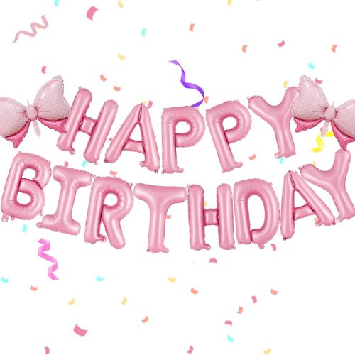1 16 Inch Pink Happy Birthday Balloons Letters Banner & 2PCS Mini Bow Balloons for Girl Birthday Party Decorations, Foil Mylar Happy Birthday Balloon, Pink Theme Birthday Party Decorations
