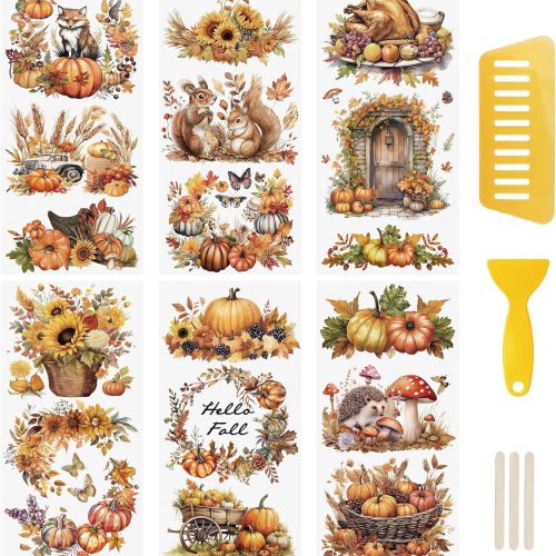 WANDIC 6 Sheets Autumn Theme Rub On Transfer Sticker, Hello Fall Harvest Stickers Transfer Decals for DIY Photo Albums Furniture, 5.9 * 11.8in