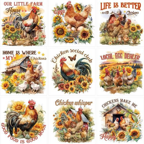 Chicken Rub on Transfers for Crafts - 9 Sheets Farm Rub on Transfer Stickers for Furniture Sunflower Rub on Transfers for Wood Glass Scrapbook DIY Home Decor