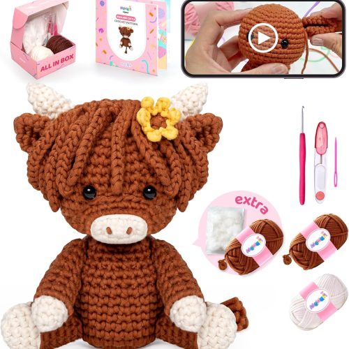 Mewaii Crochet Kit for Beginners with 40% Extra Eco-Friendly Pre-Started Easy Yarn, Step-by-Step Video Tutorials for Adults and Kids (Highland Cattle)
