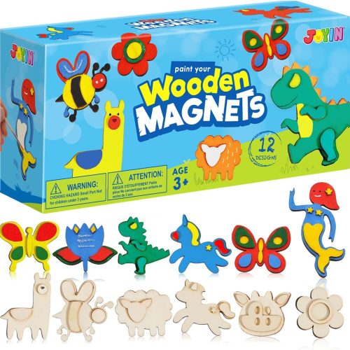 JOYIN 12 Wooden Magnet Creativity Arts & Crafts Painting Kit for Kids, Decorate Your Own Painting Gift for Easter Basket Stuffers, Birthday Parties and Family Crafts, Party Favors for Boys Girls