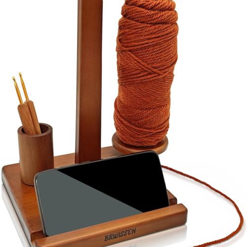 BRWISSEN Wooden Yarn Holder for Crocheting and Knitting with Phone Stand, Crochet Hook Storage, and Magnetic Yarn Ball Holder Spinner - Ideal Gift for Crochet Lovers-Walnut Color