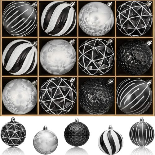 1 JORNOY Christmas Tree Ornaments Set of 12, 3.15inch/80MM Shatterproof Plastic Xmas Tree Ball Ornaments Bulk Decorative Hanging Baubles for Xmas Tree Decor Holiday Party Decorations, Black & White