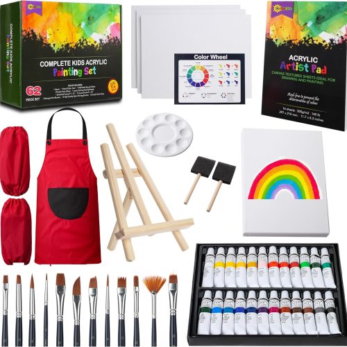 RISEBRITE Painting Kit for Kids Age 8-12 - Deluxe Acrylic Kid Paint Set Art Kits - Includes 62 Pieces of Art Supplies Non Toxic Paint, Tabletop Easel, Paint Brushes, Canvas, Painting Pad